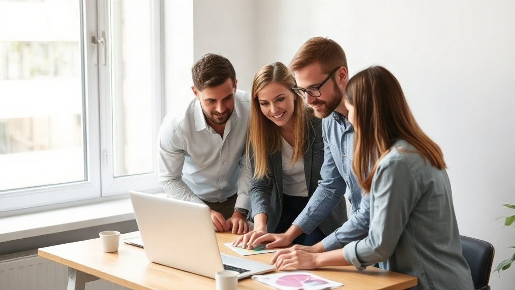 Small team discussing a website layout around a laptop