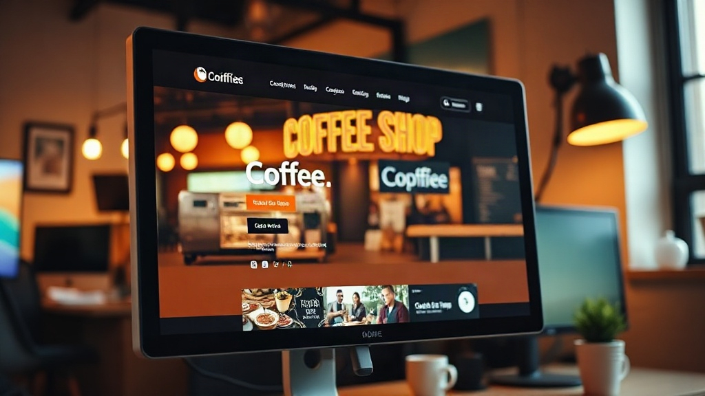 Monitor showing a colorful coffee shop website homepage