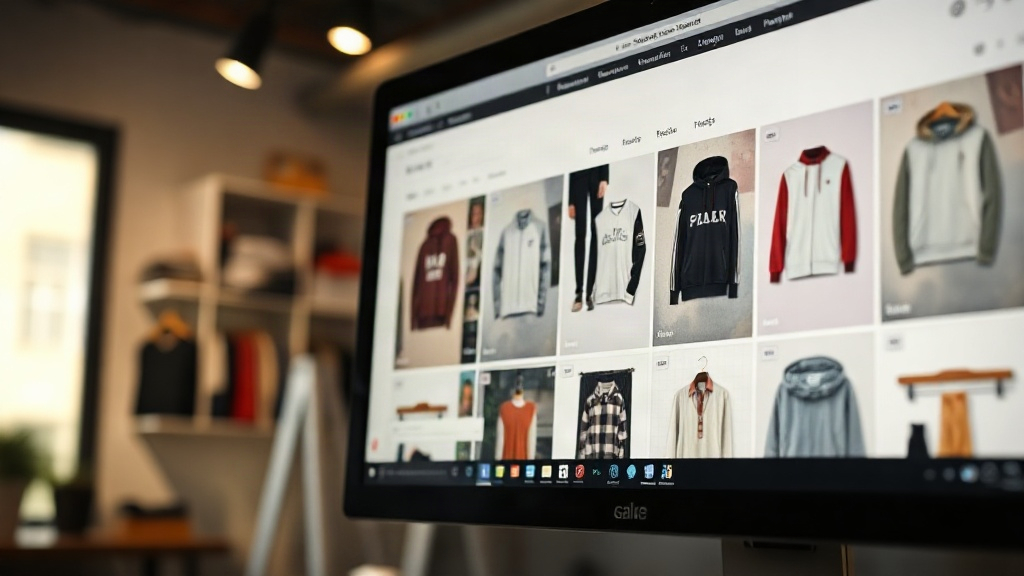 Monitor showing an online clothing store product grid