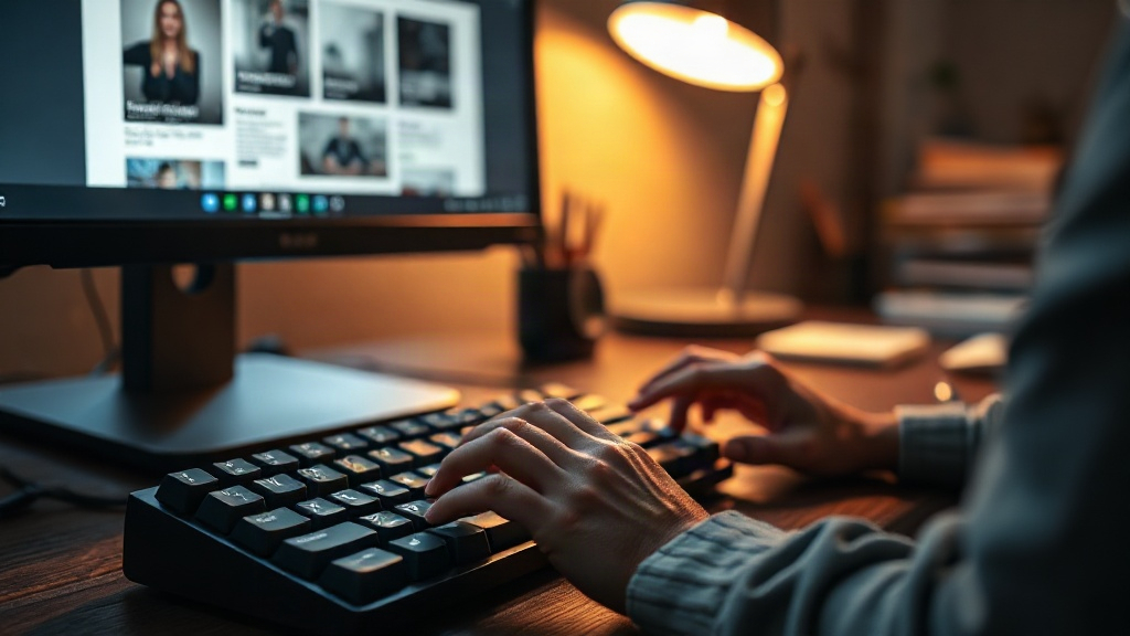 Hands typing on a keyboard beside a monitor showing a half built website layout