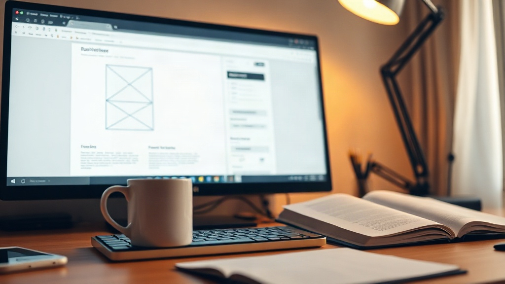 Desk with a monitor showing a wireframe layout, a coffee cup and an open notebook under warm lamp light.
