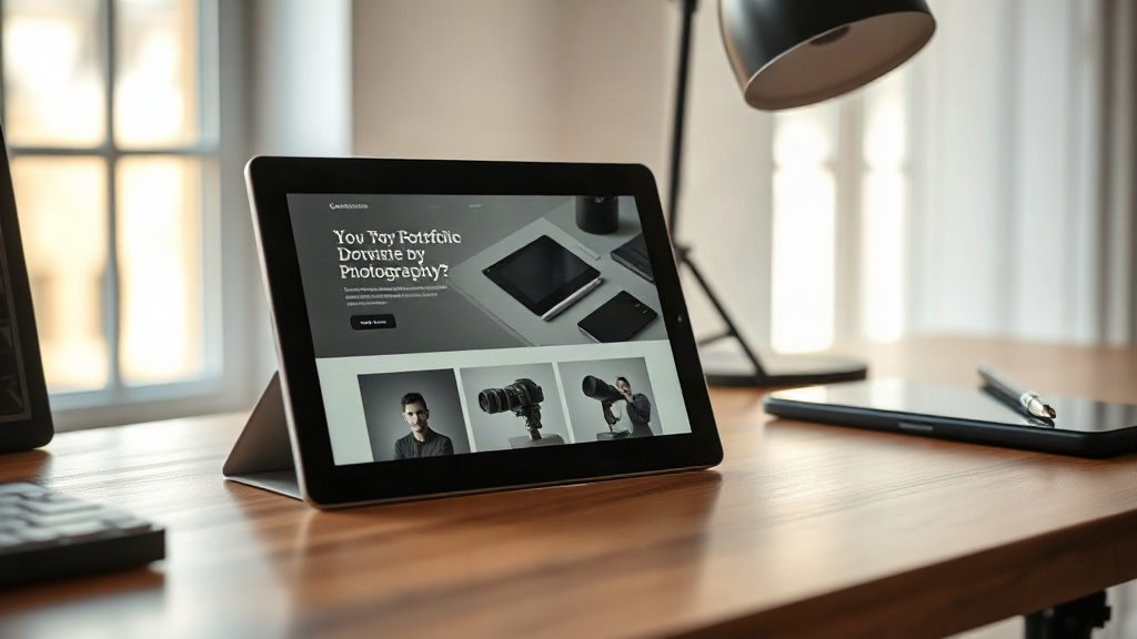 Tablet showing a photography portfolio website with a large black and white image.