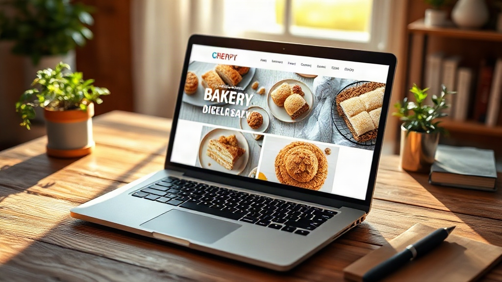 Laptop screen showing a bakery website homepage with warm pastry photography.