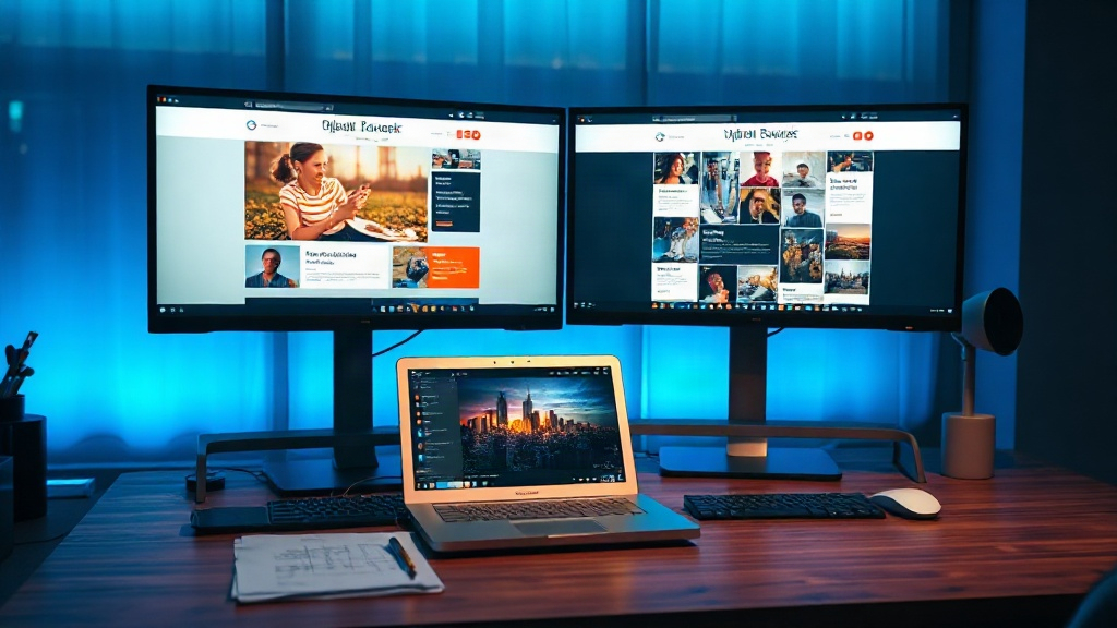 Two monitors on a studio desk showing colorful website layouts in progress, lit by soft blue light.