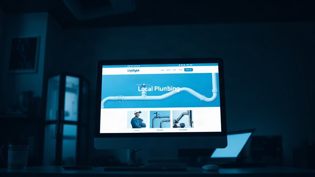 Desktop monitor displaying a minimalist plumbing company website in blue and white.