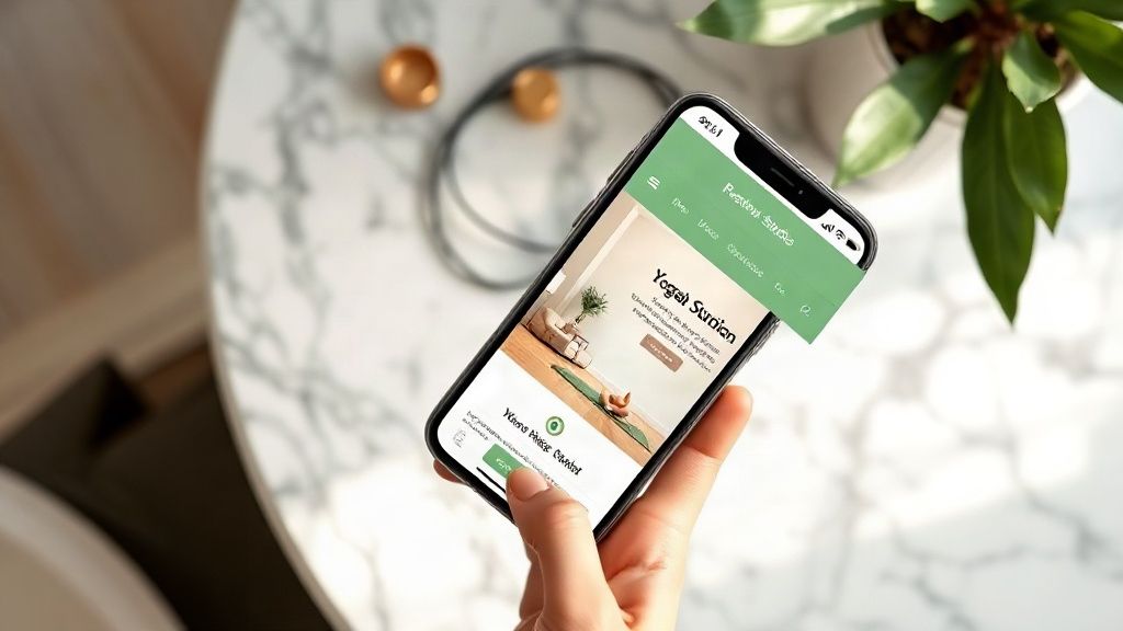 Smartphone displaying a yoga studio website in a calm green and cream palette.