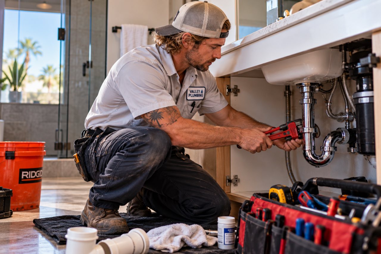 A plumber working under a bathroom sink, adjusting pipes with a wrench