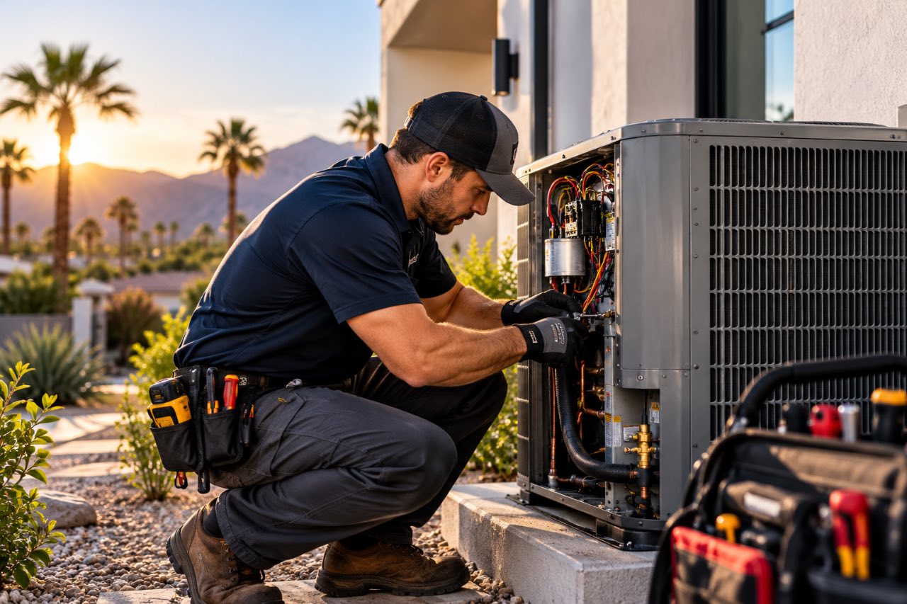 HVAC technician servicing an air conditioning unit at sunset