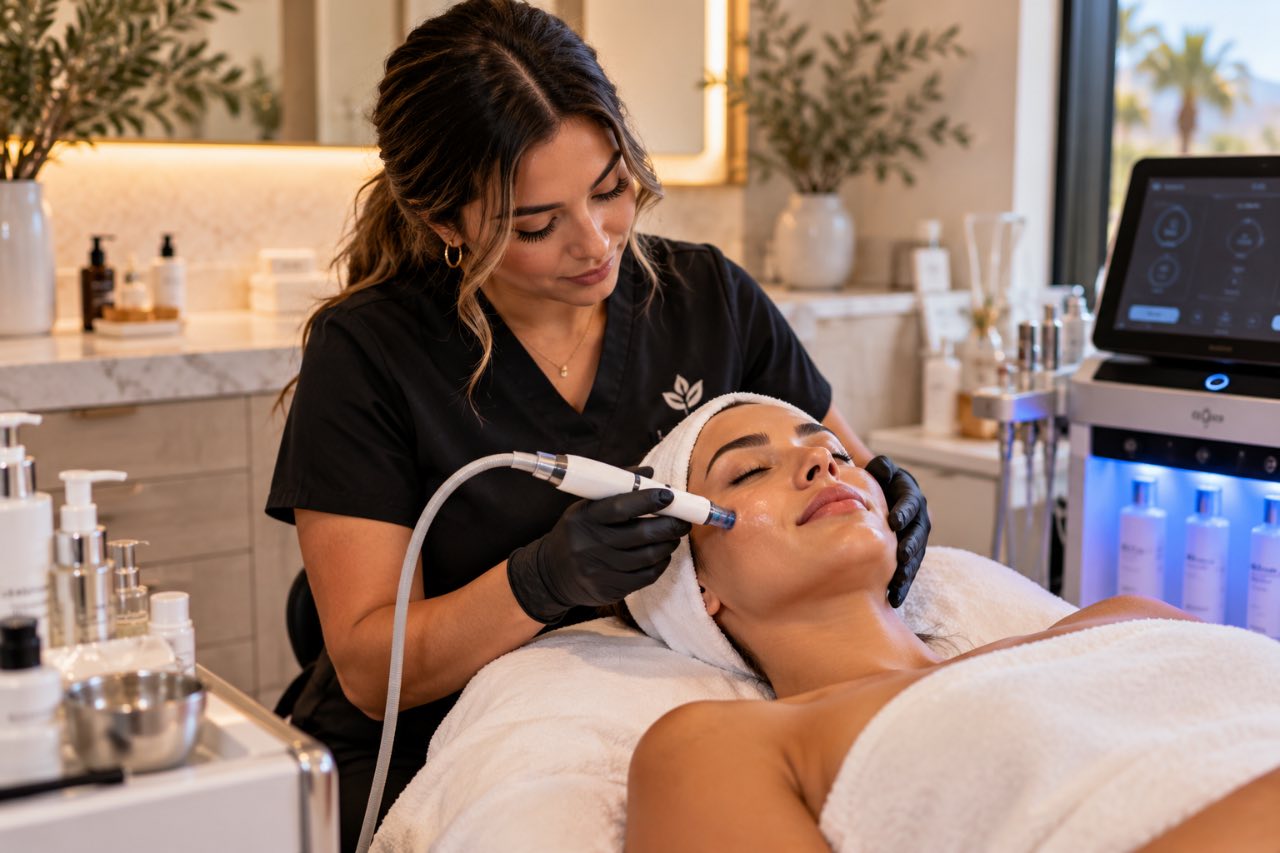 A skincare professional performs a facial treatment on a client in a modern, luxurious spa clinic
