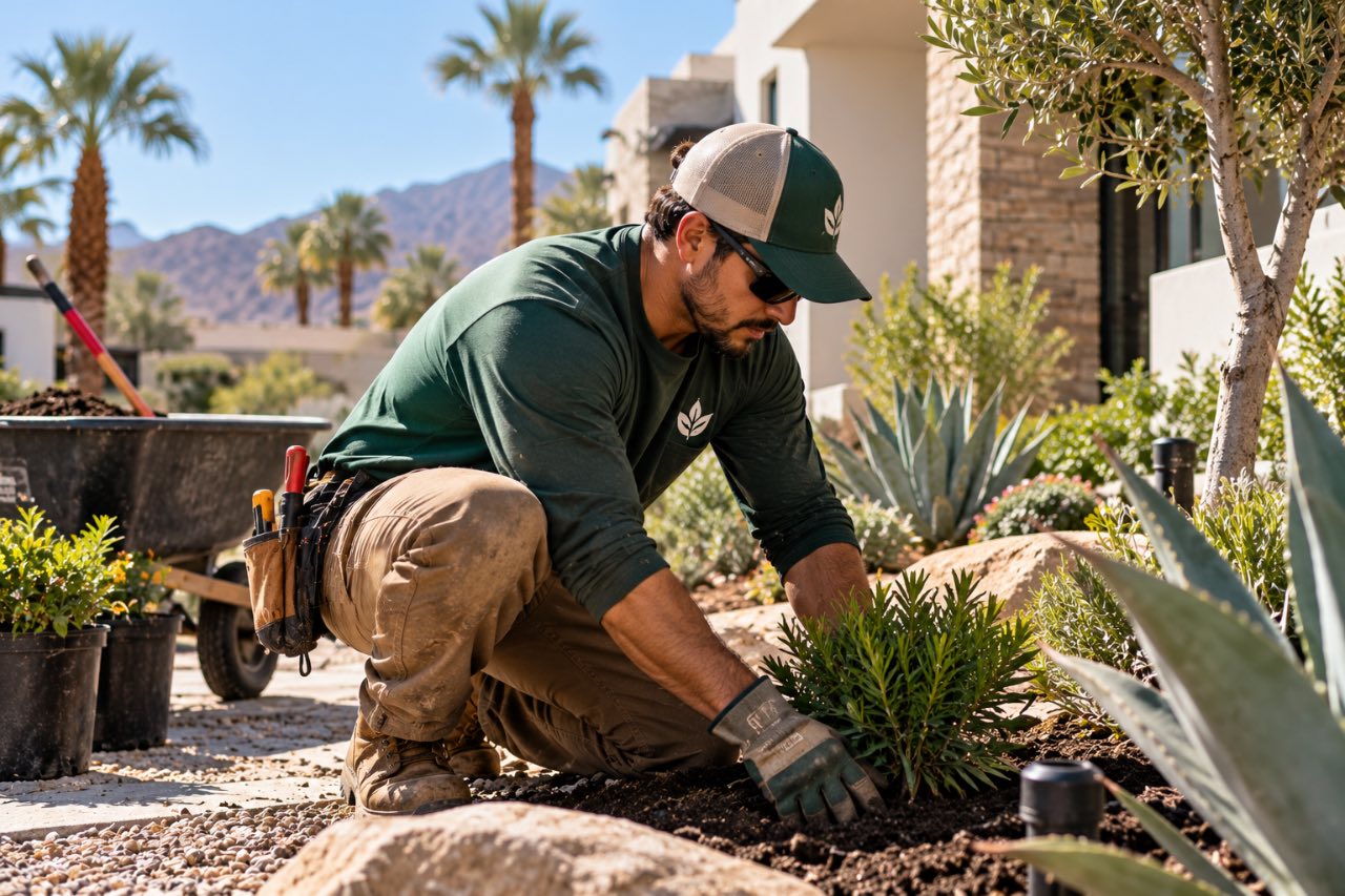 A landscaper plants desert shrubs in a modern residential garden with palm trees and mountains visible in the background